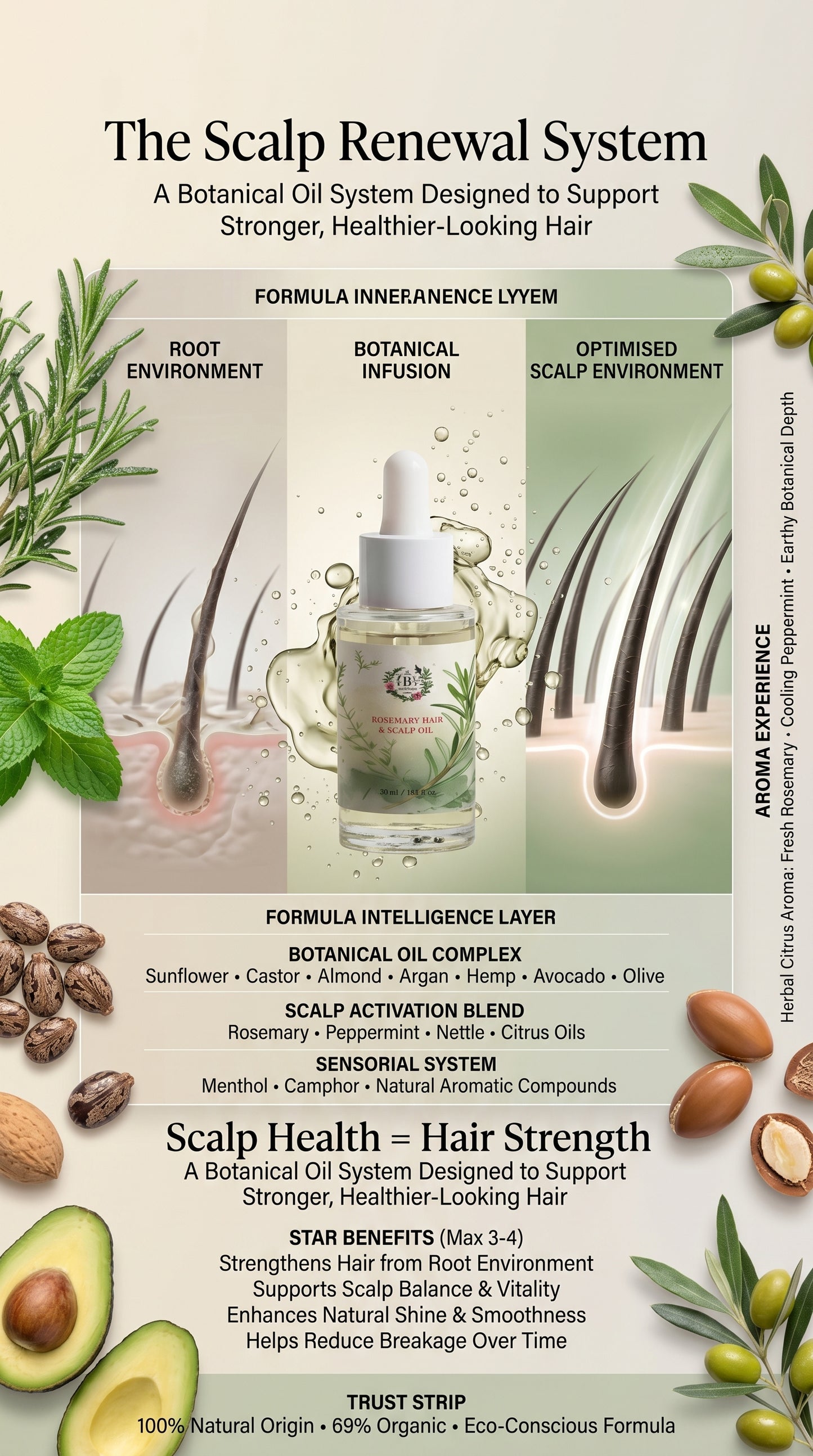 Scalp care system with botanical elements and product illustration