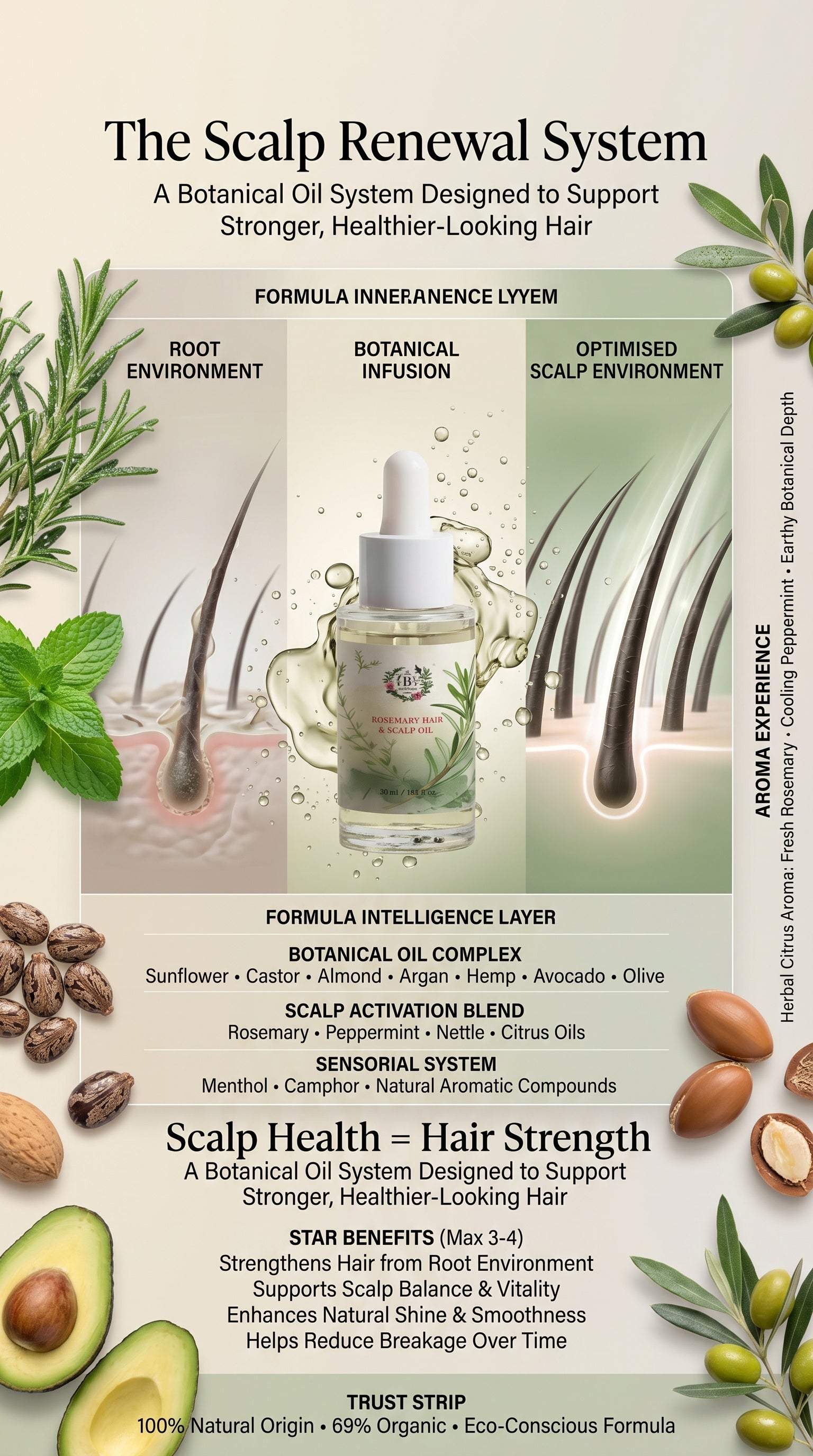 Scalp care system with botanical elements and product illustration
