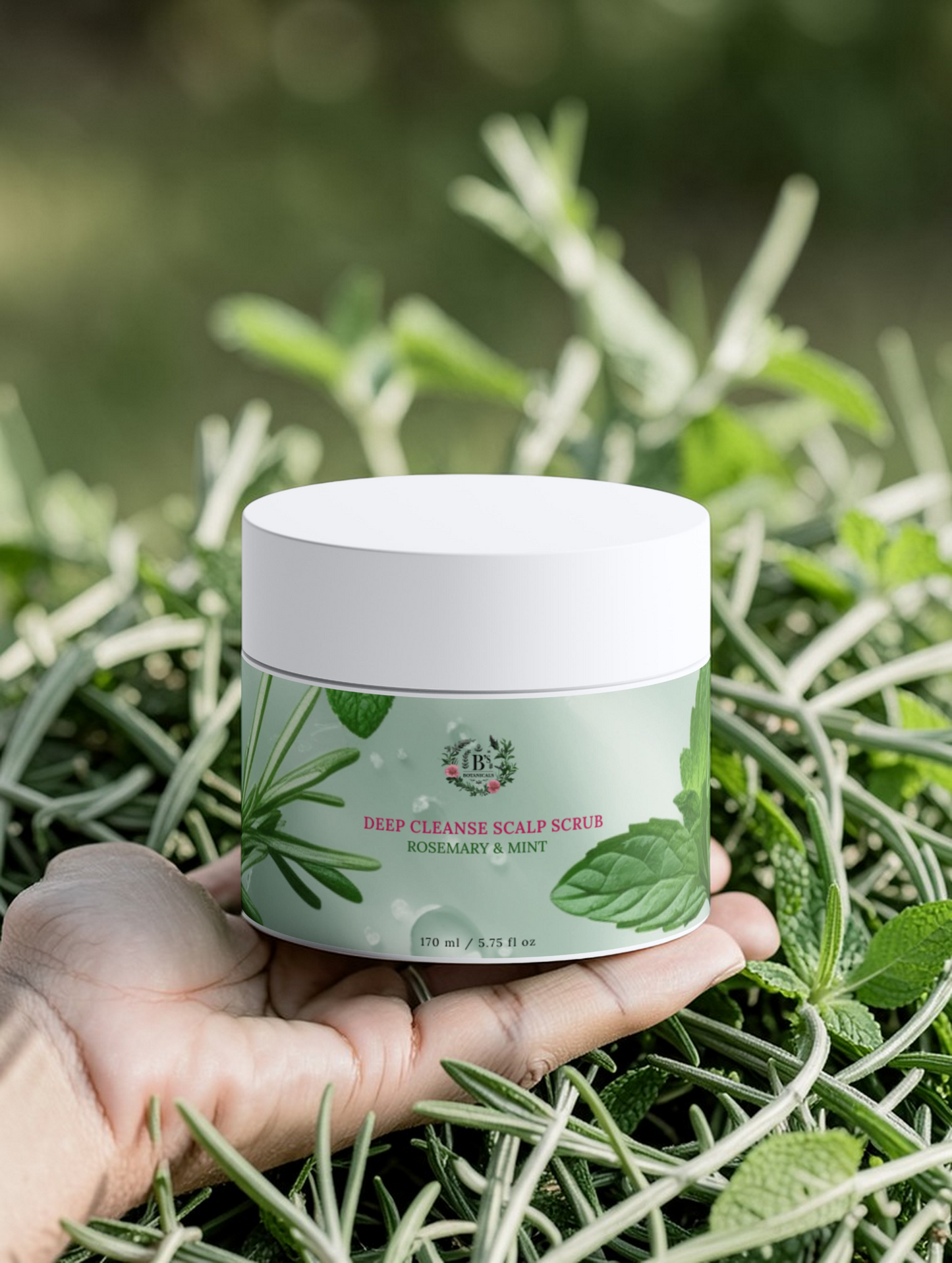 Hand holding a jar of deep cleanse scalp scrub with greenery in the background