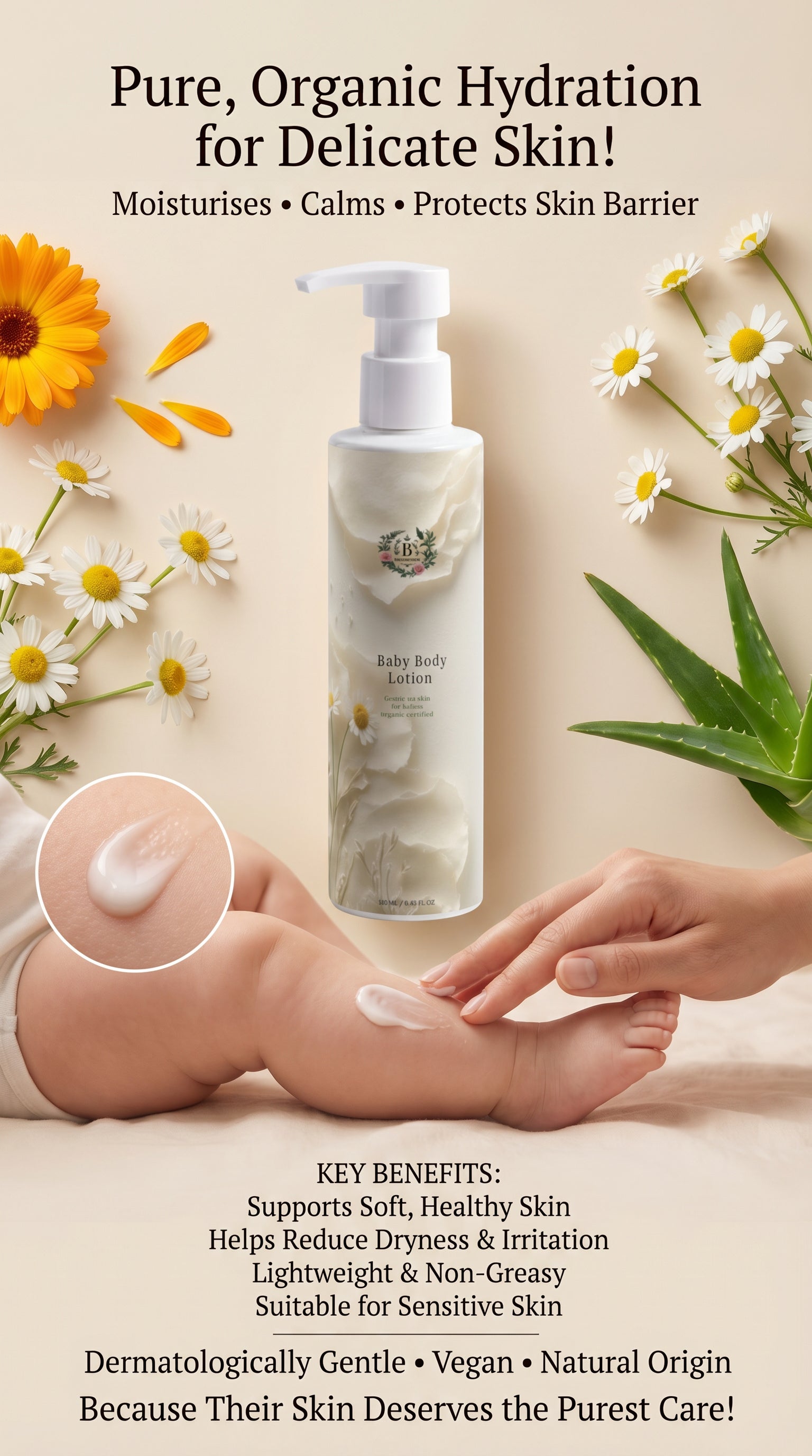 Organic baby lotion for newborns and infants, clean beauty baby skincare product for moisturizing dry and sensitive skin safely