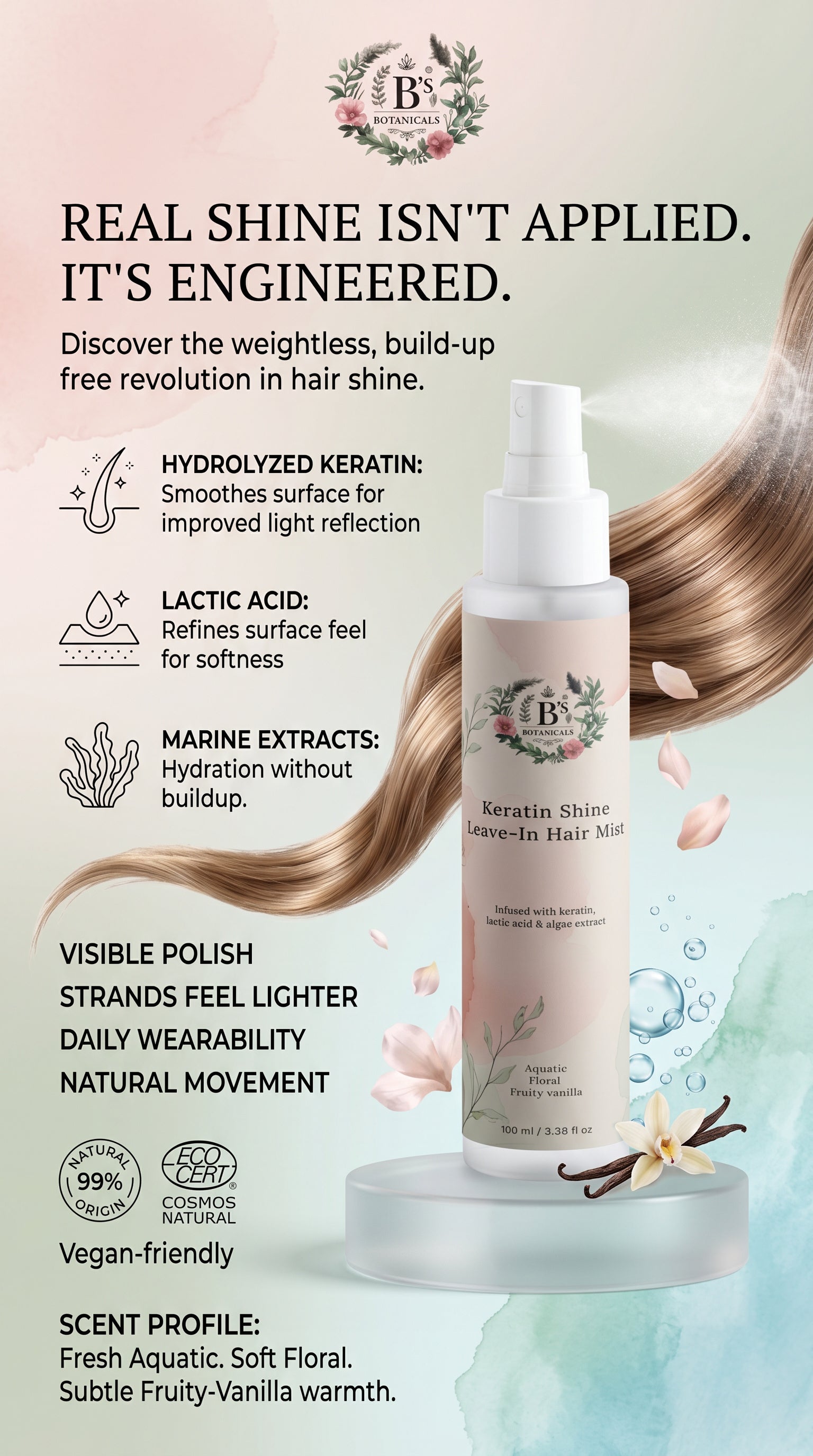 Frizz control keratin shine hair spray that smooths flyaways and enhances natural gloss for a polished salon finish.