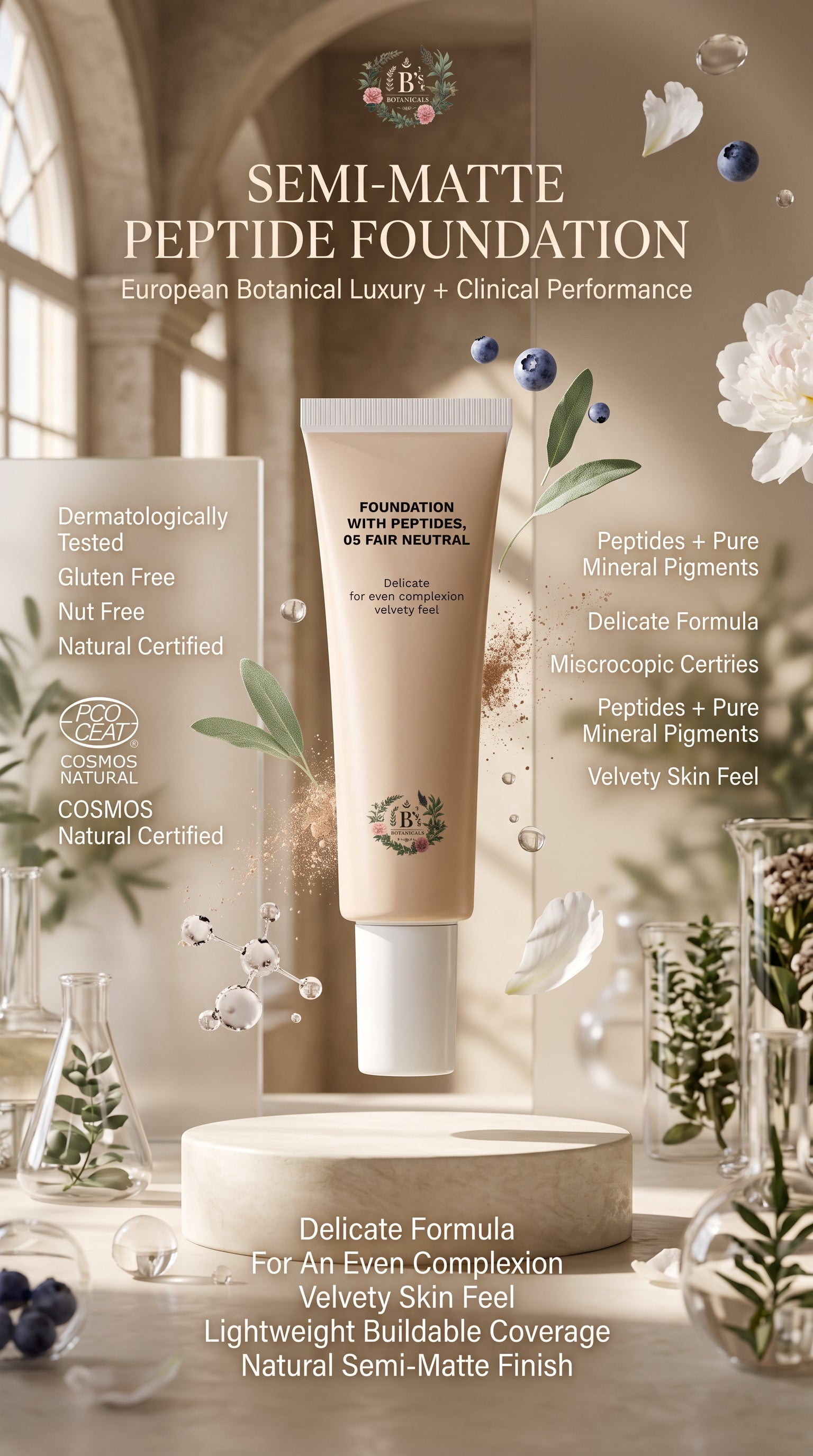 B's Botanicals Semi-Matte Peptide Foundation with pure mineral pigments, lightweight buildable coverage and a natural velvety semi-matte finish for all skin types, including sensitive skin.