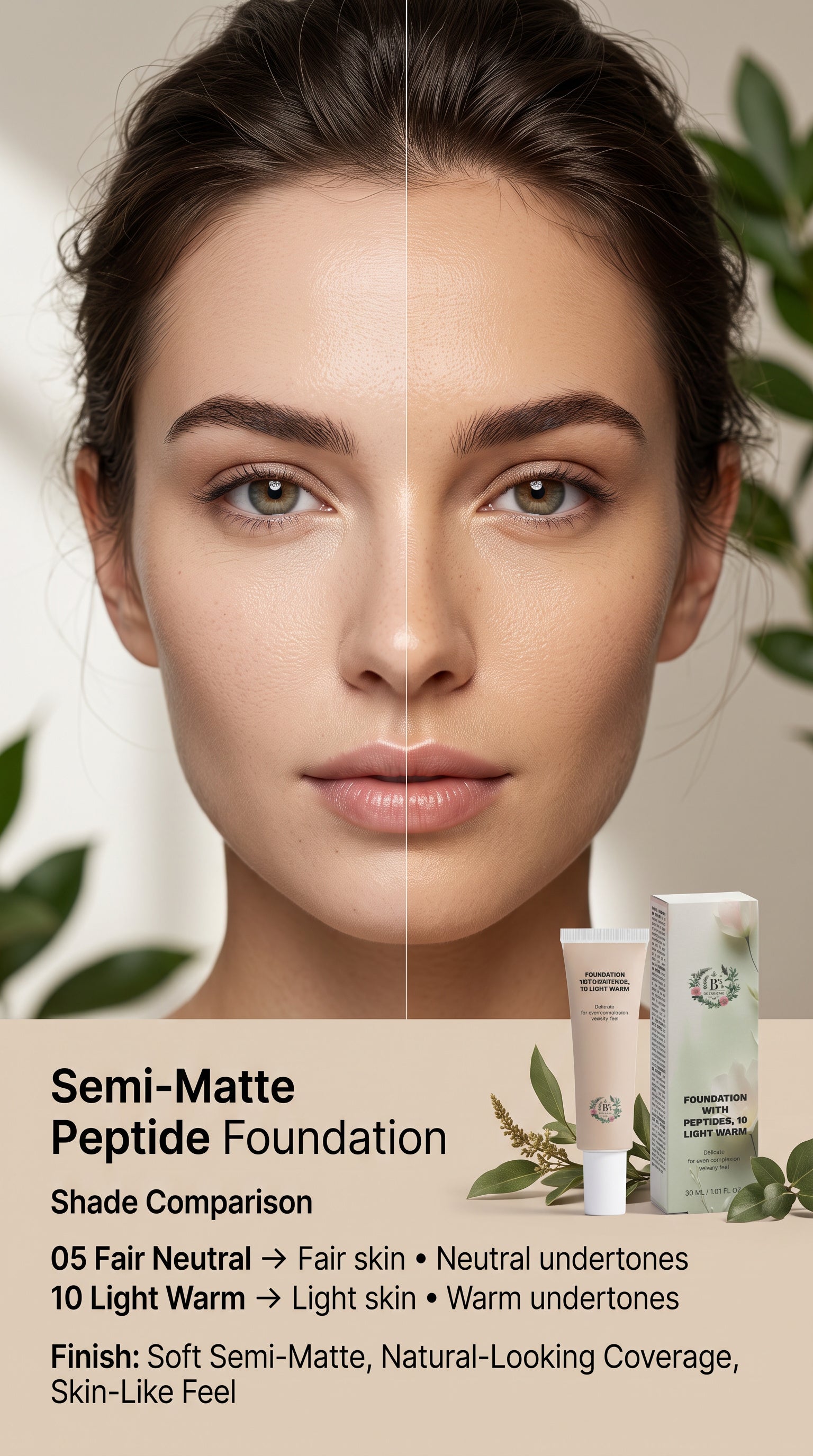 Woman wearing B's Botanicals Semi-Matte Peptide Foundation in 10 Light Warm compared with 05 Fair Neutral, showing natural semi-matte finish and complexion coverage