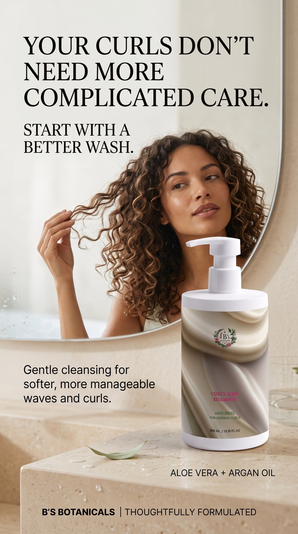B’s Botanicals curly hair shampoo with Aloe Vera and Argan Oil to support soft, smooth and manageable waves and curls.