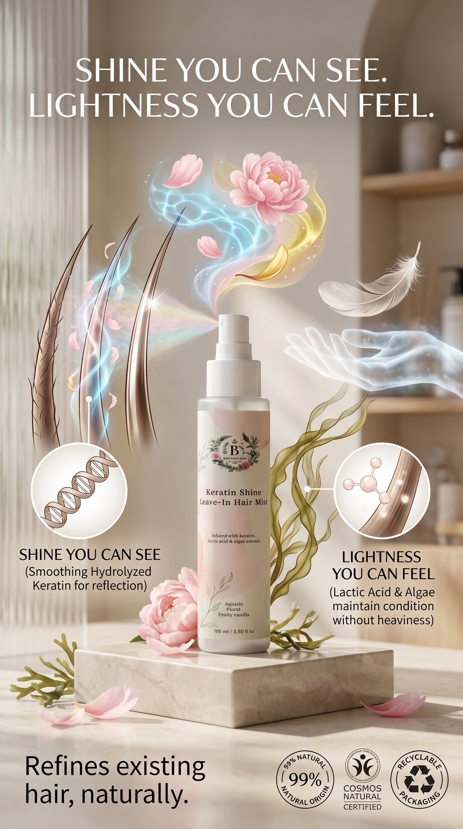 Keratin smoothing hair mist that detangles hair instantly while leaving a lightweight, non-greasy silky finish.