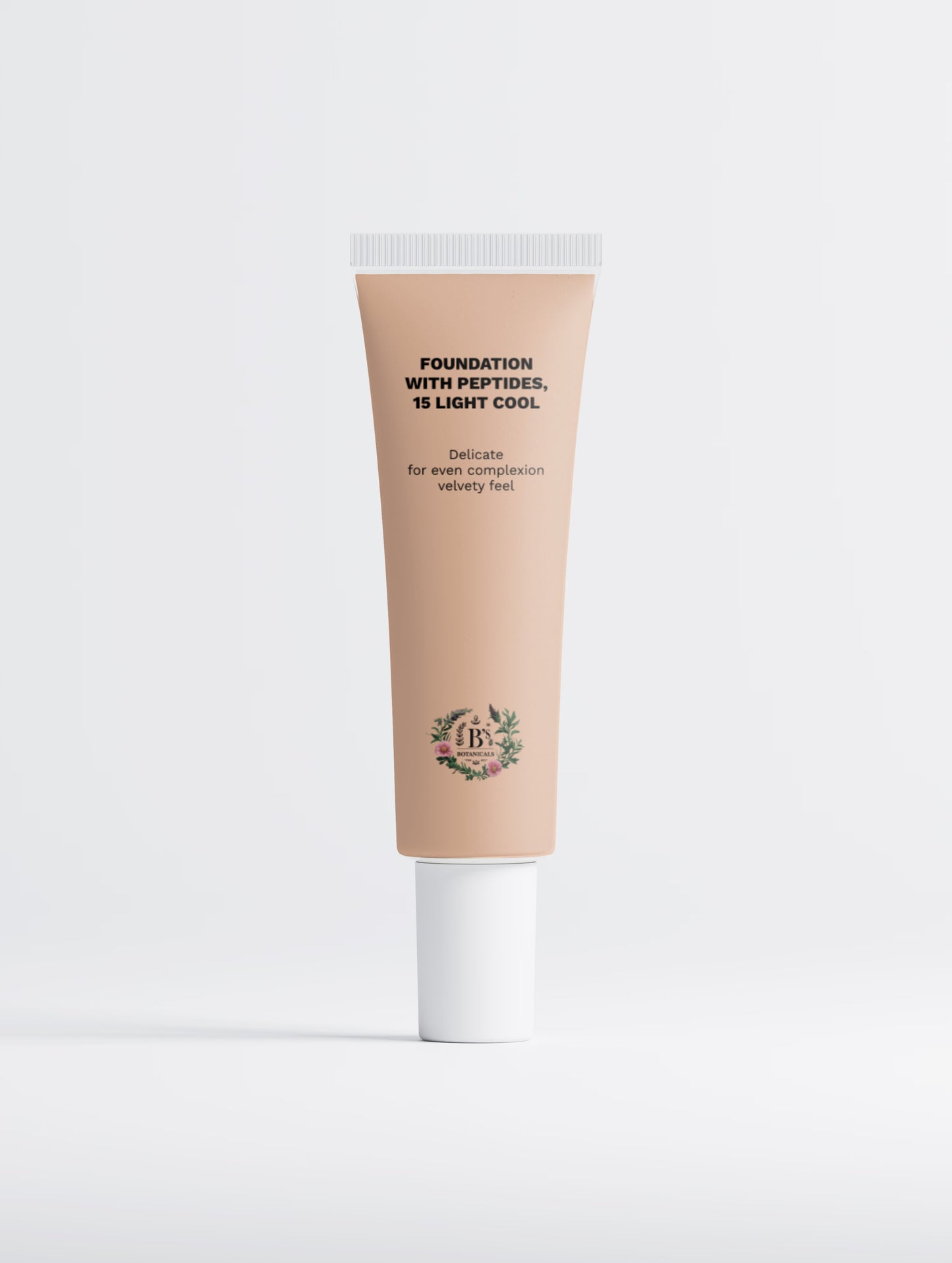 A squeeze tube of liquid foundation with a beige-cream product color and a white cap, standing upright on a light gray background. The tube features black text reading 'FOUNDATION WITH PEPTIDES, 15 LIGHT COOL' and a small green botanical crest near the bottom.