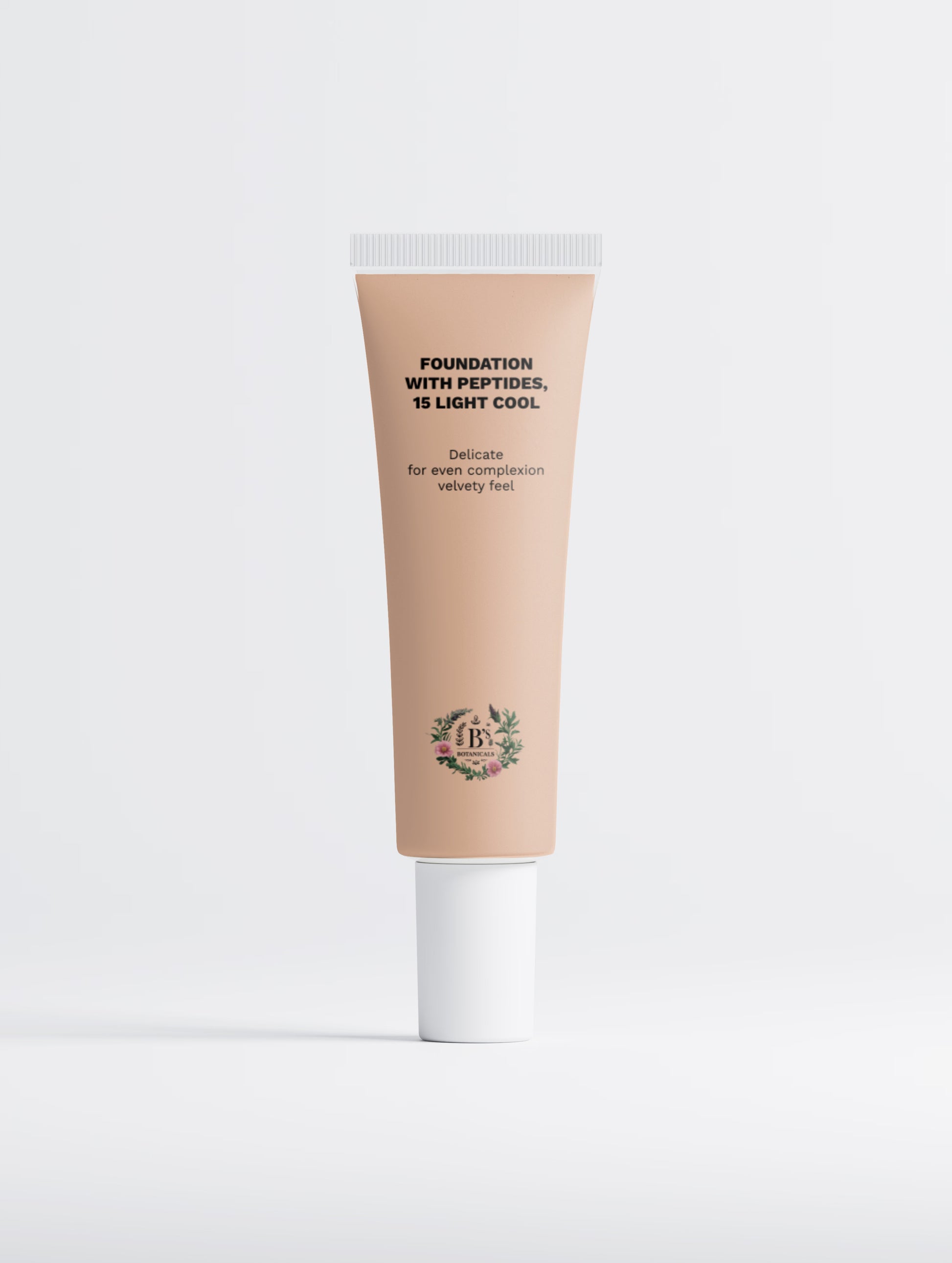 A squeeze tube of liquid foundation with a beige-cream product color and a white cap, standing upright on a light gray background. The tube features black text reading 'FOUNDATION WITH PEPTIDES, 15 LIGHT COOL' and a small green botanical crest near the bottom.