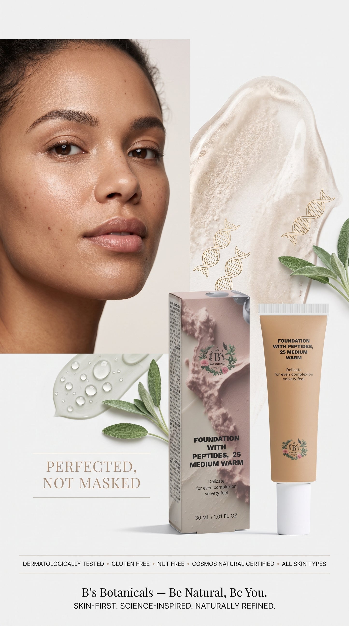 B’s Botanicals skincare-inspired peptide foundation with pure mineral pigments