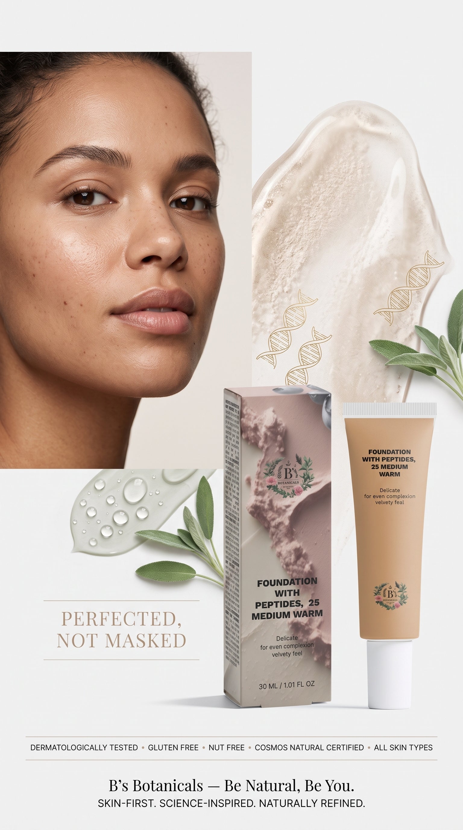 B’s Botanicals skincare-inspired peptide foundation with pure mineral pigments