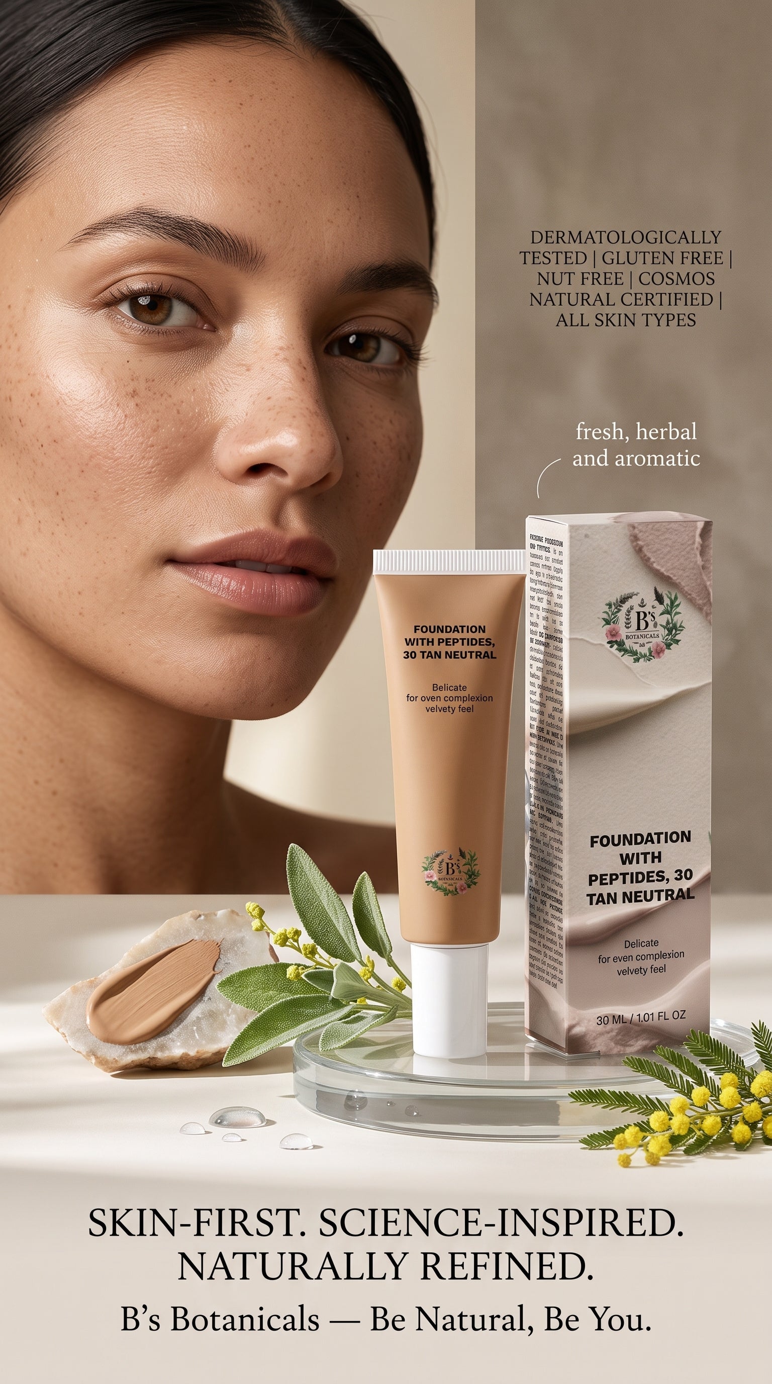 Skincare-inspired peptide foundation creating a soft-focus, smooth and refined complexion