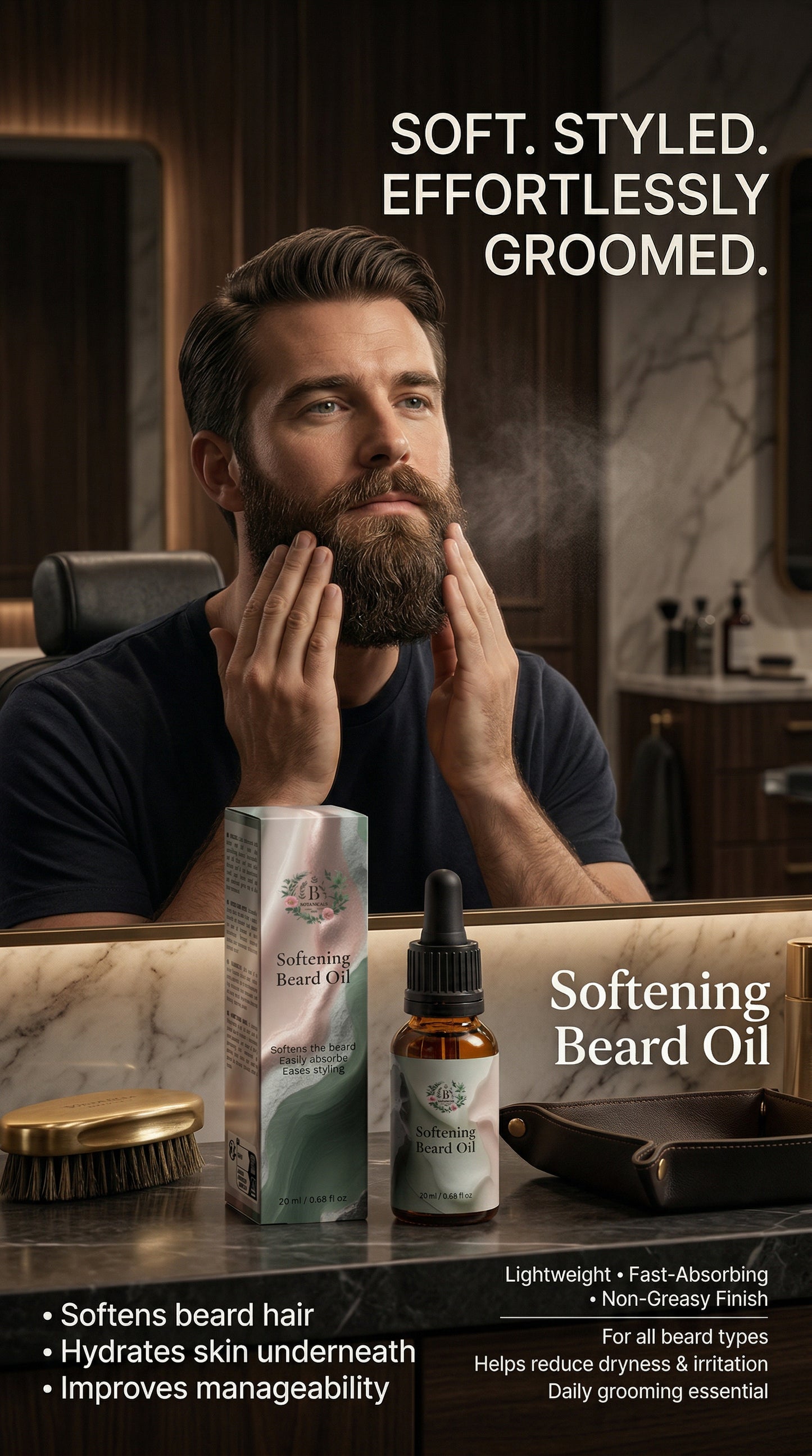 Man with a beard touching his face in a barbershop setting with Softening Beard Oil products displayed.