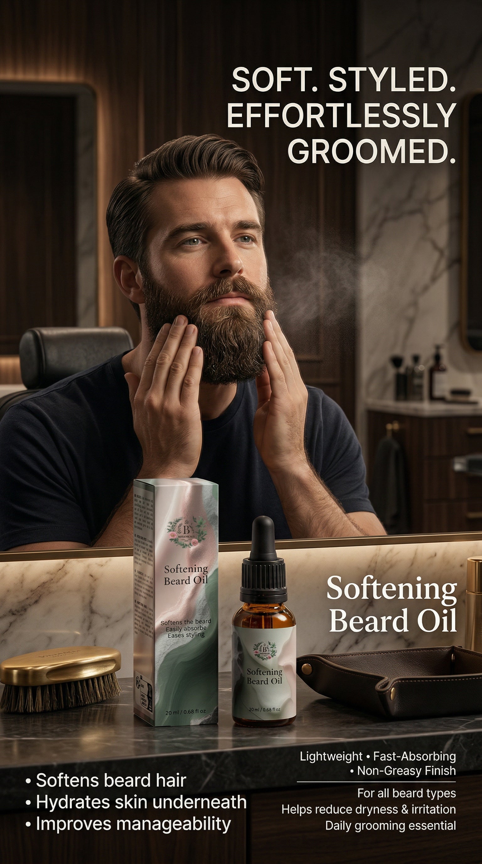 Man with a beard touching his face in a barbershop setting with Softening Beard Oil products displayed.