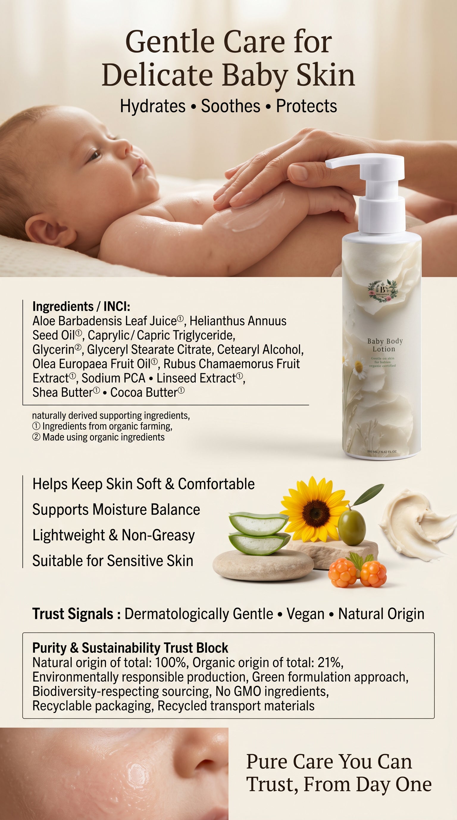 Baby skincare product with ingredients list and benefits on a light background