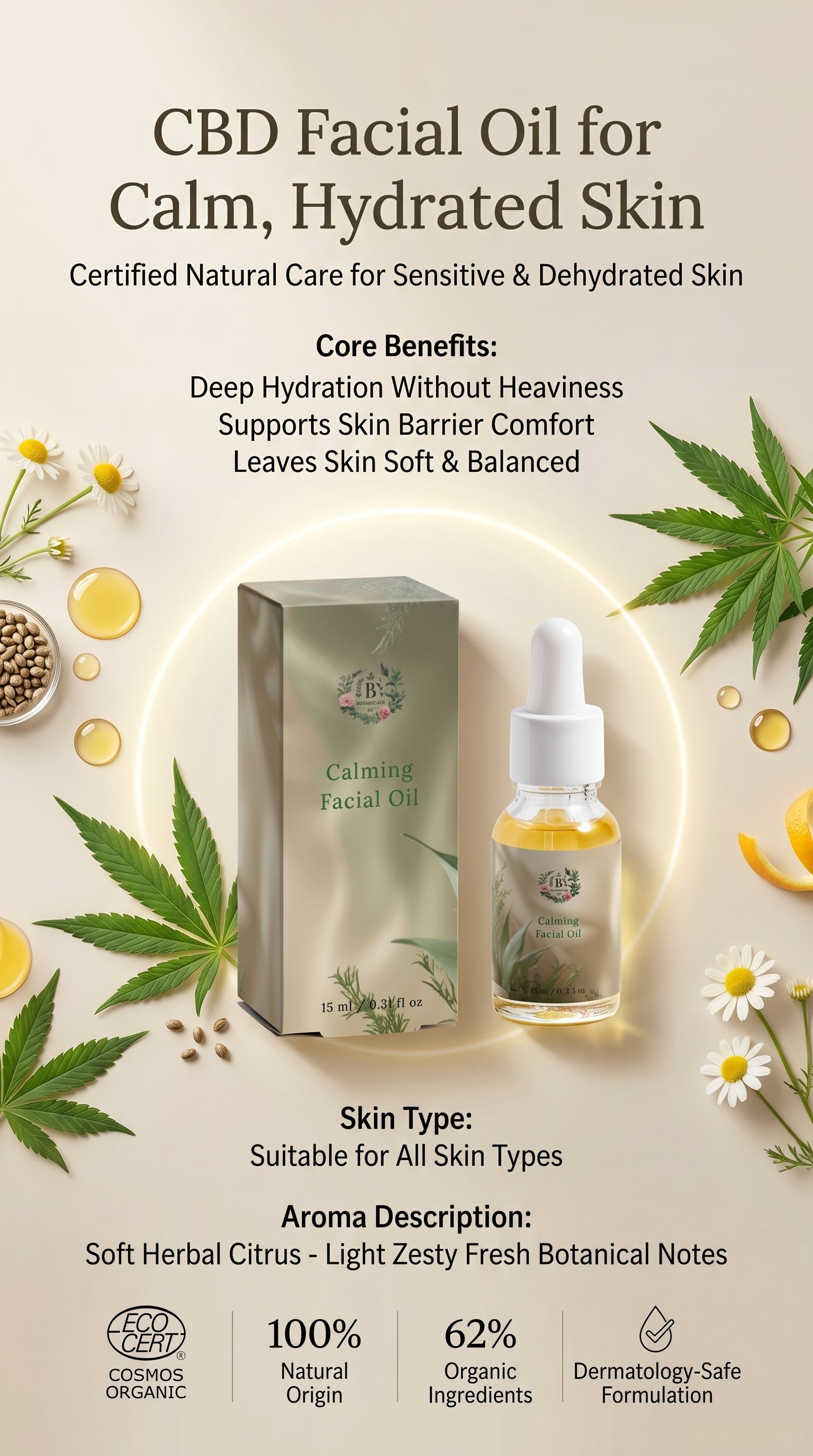 CBD Facial Oil packaging with dropper on a light beige background with cannabis leaves and flowers.