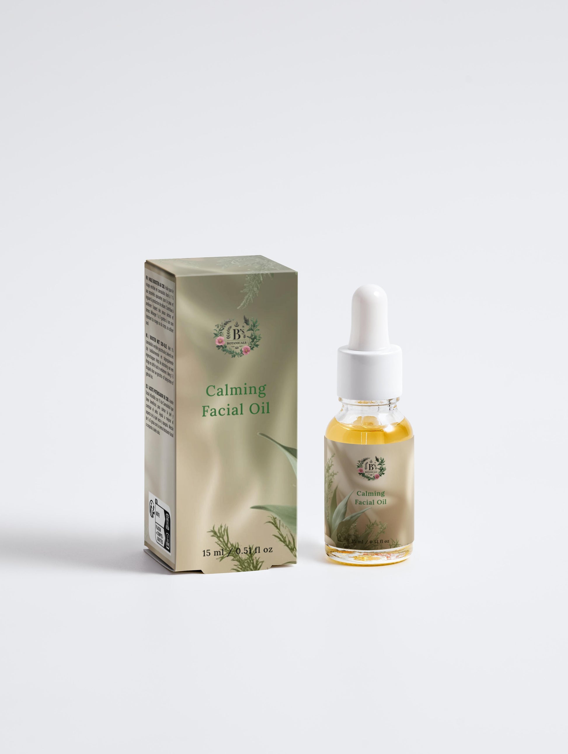 Calming facial oil bottle and packaging on a white background