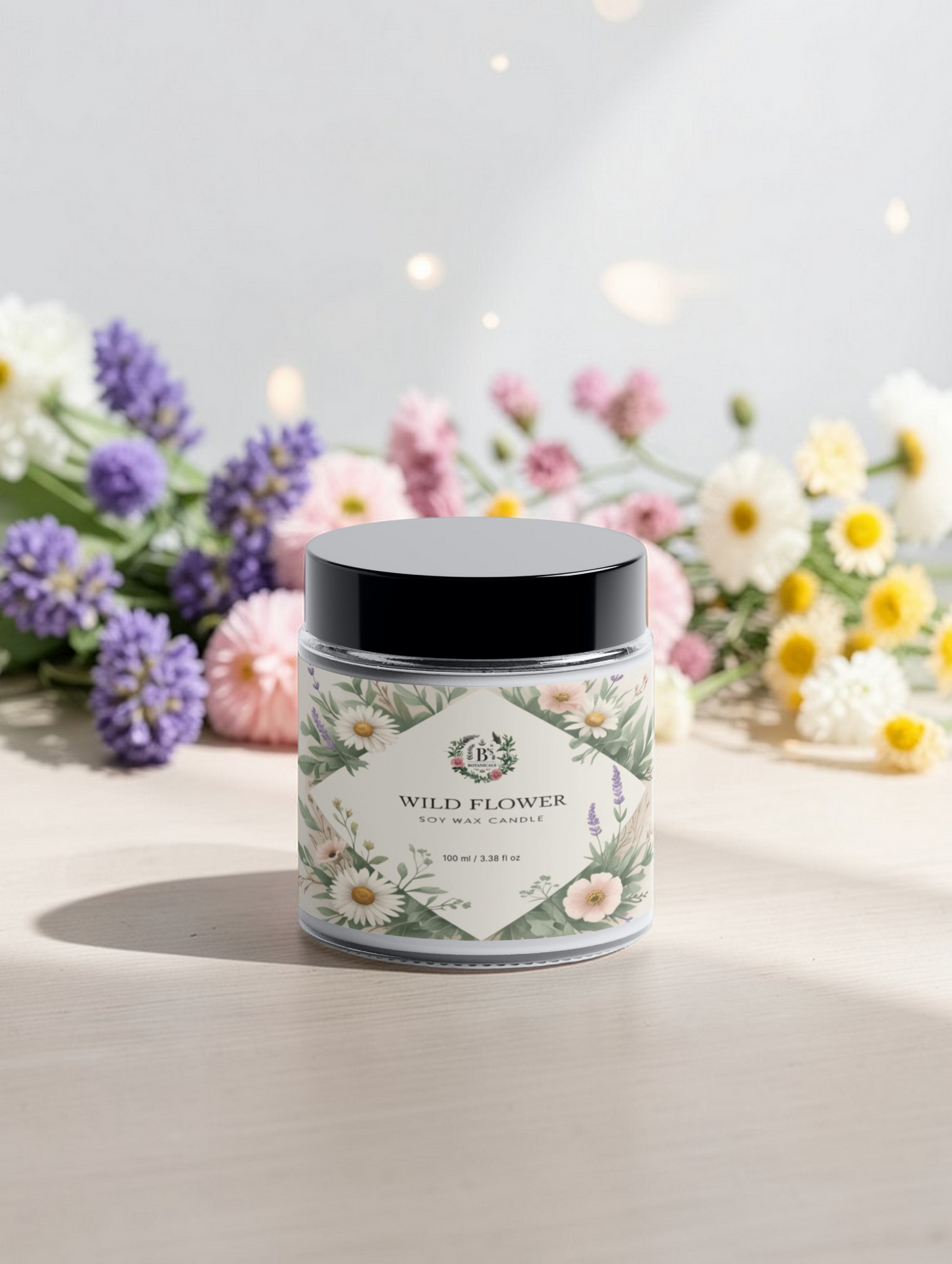 Candle jar labeled 'Wild Flower' with floral design on a light background