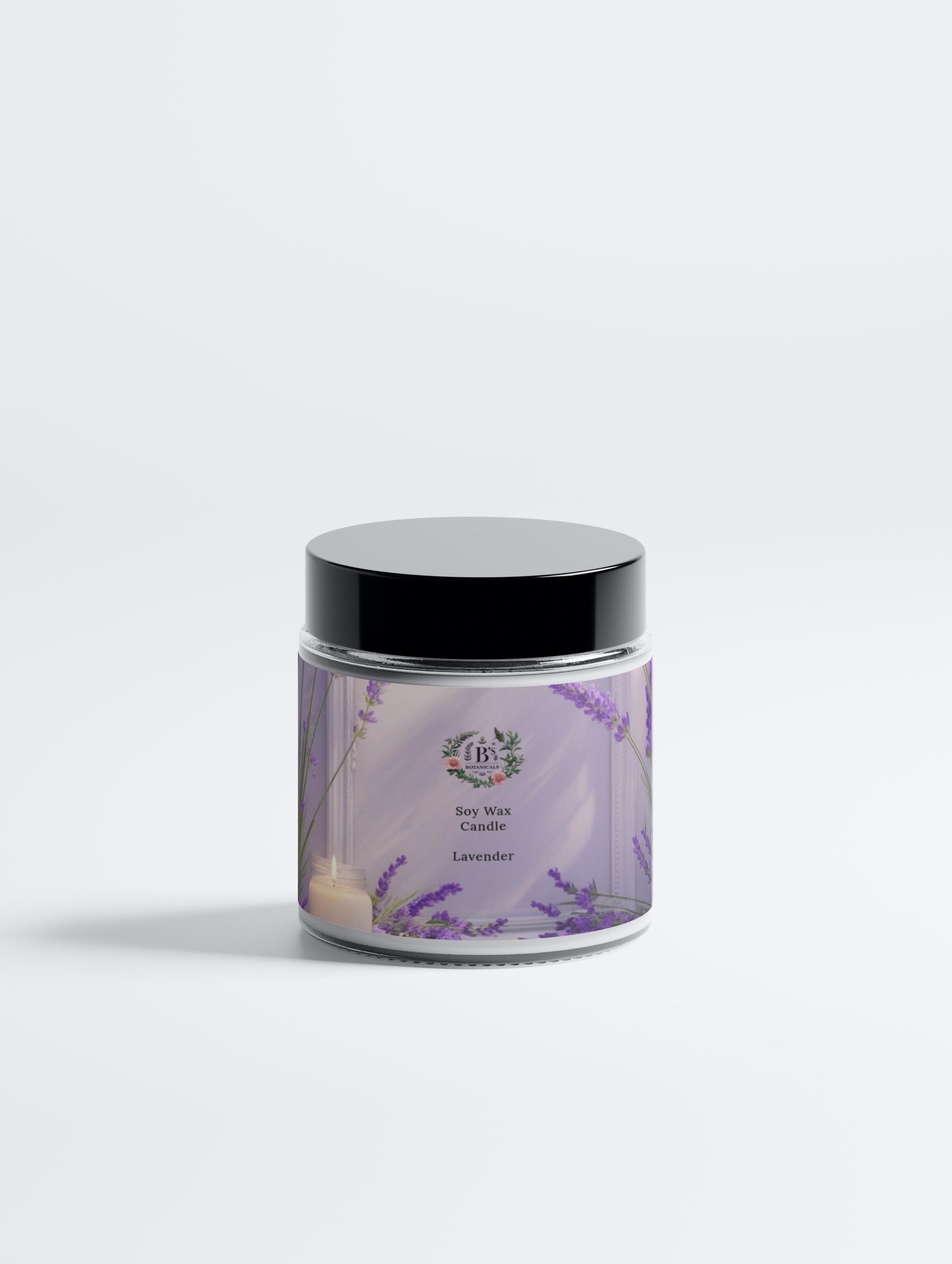 Lavender scented candle jar with a black lid on a white background