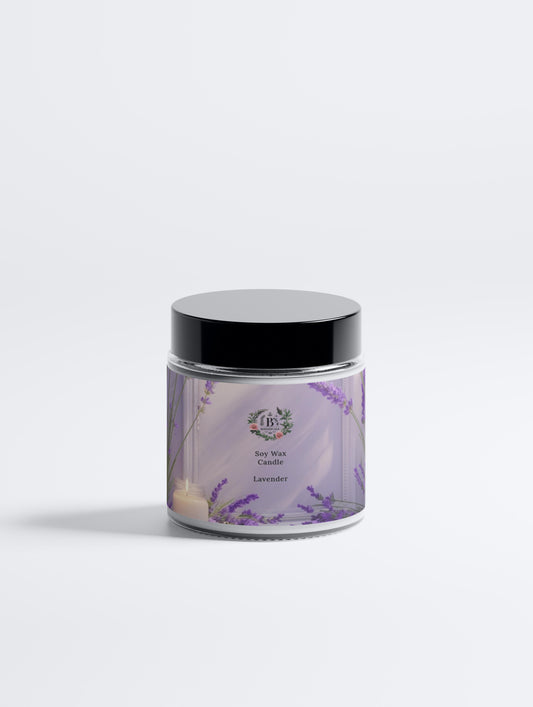 Lavender scented candle jar with a black lid on a white background