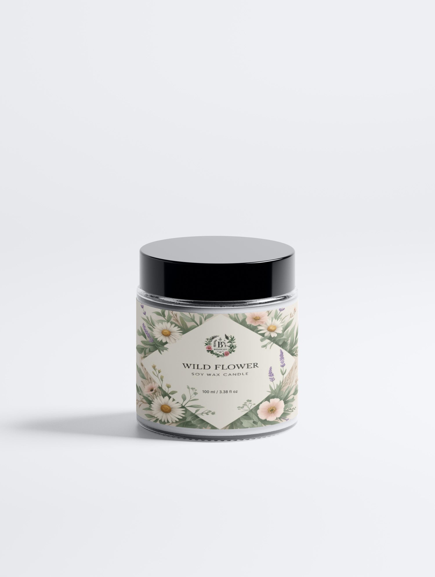 Candle jar with floral label on a white background