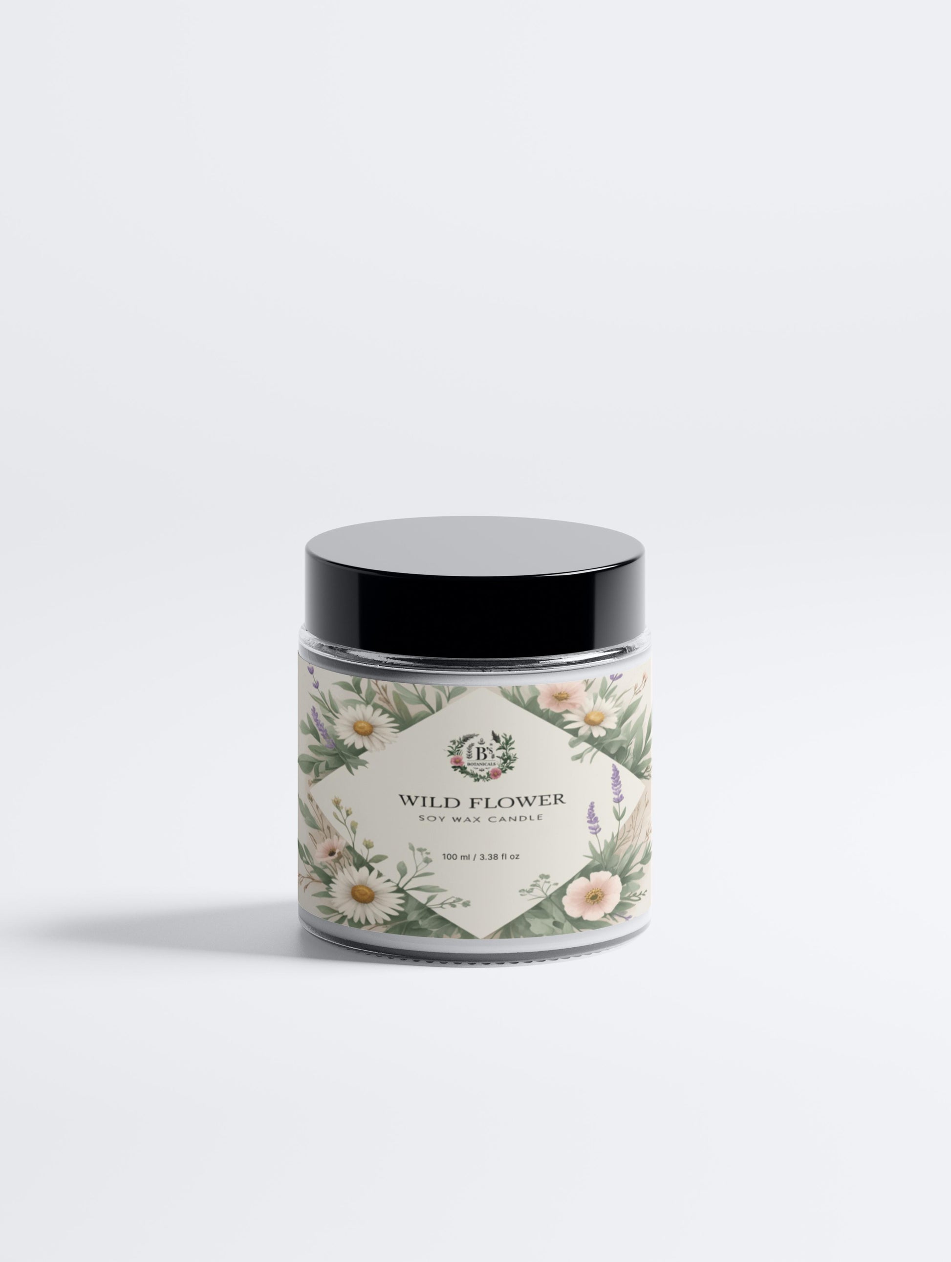 Candle jar with floral label on a white background