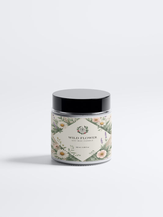 Candle jar with floral label on a white background