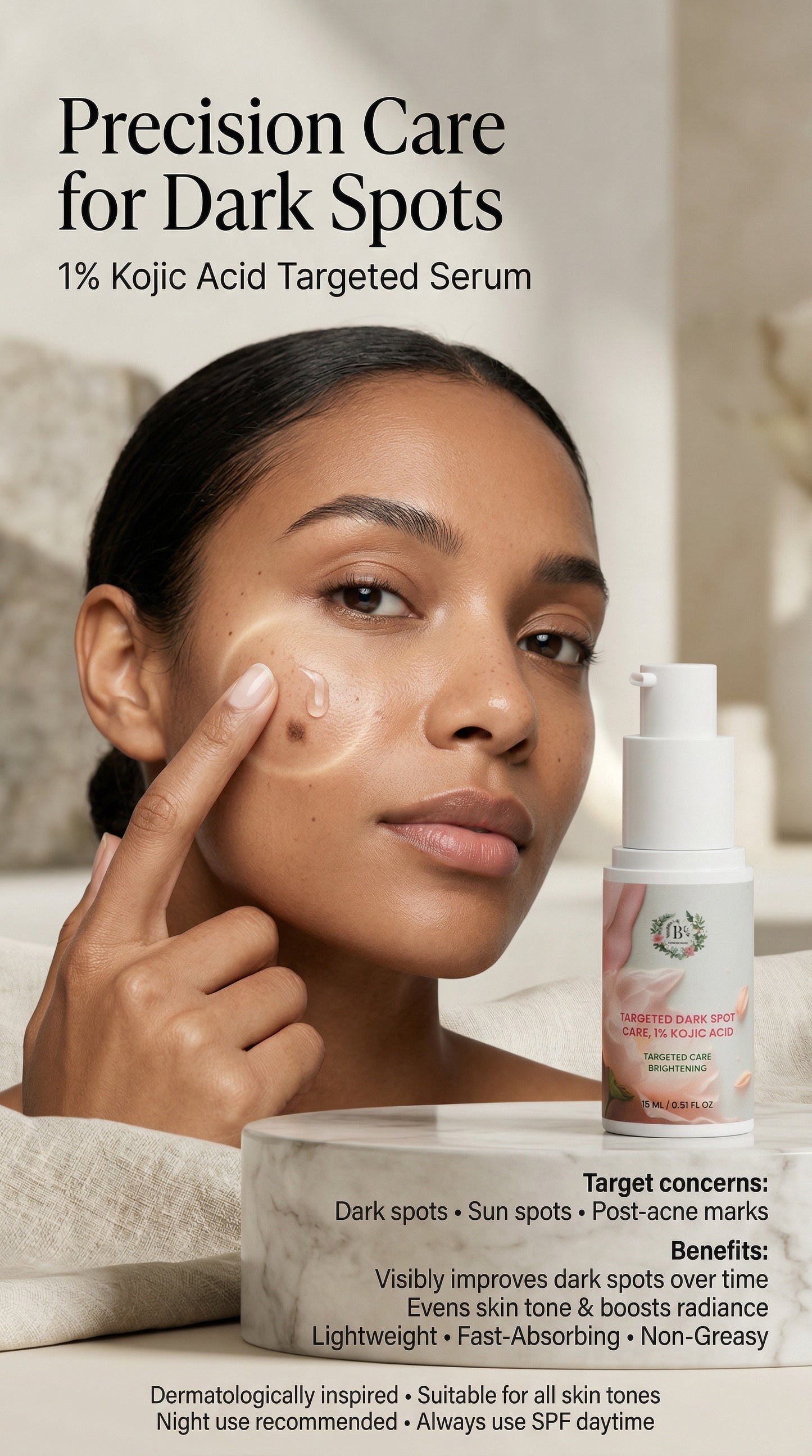 Woman applying a skincare product with text about precision care for dark spots and kojic acid serum.