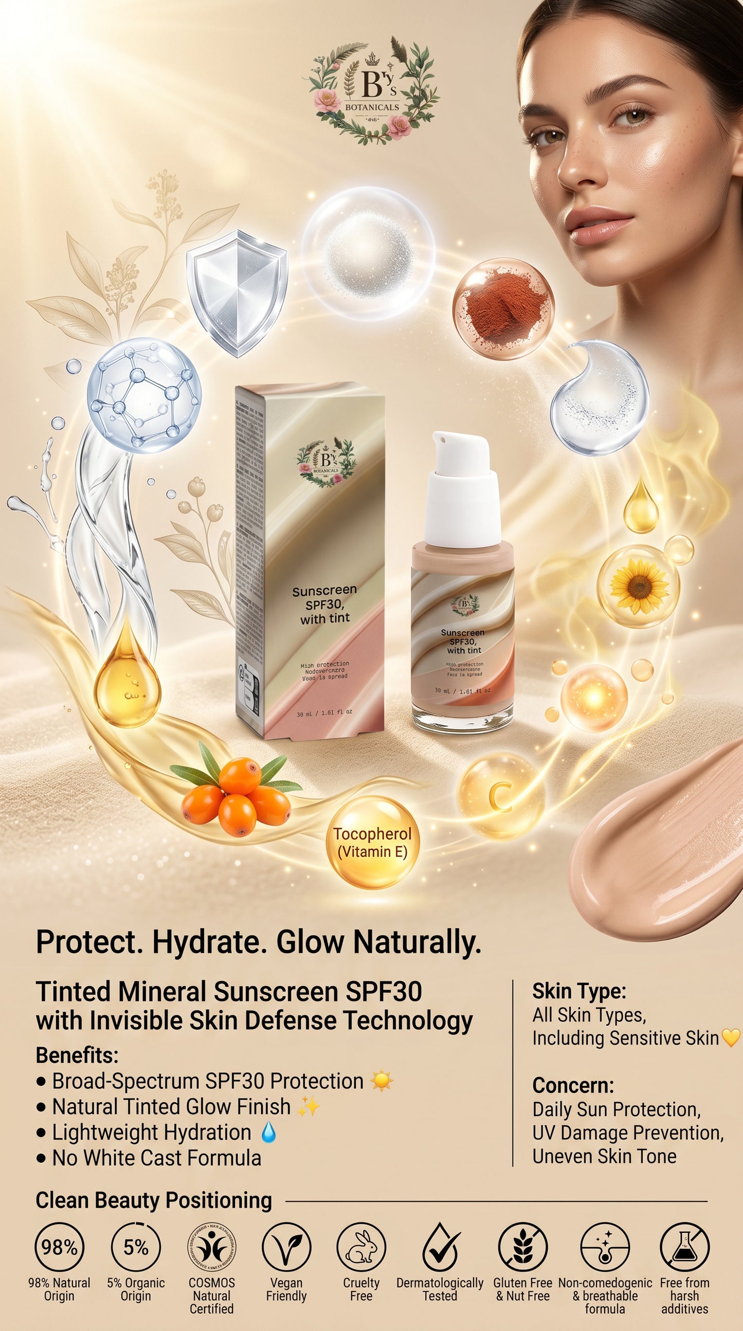 COSMOS Natural certified tinted sunscreen SPF30 lightweight skincare SPF for everyday sun protection and even skin tone finish