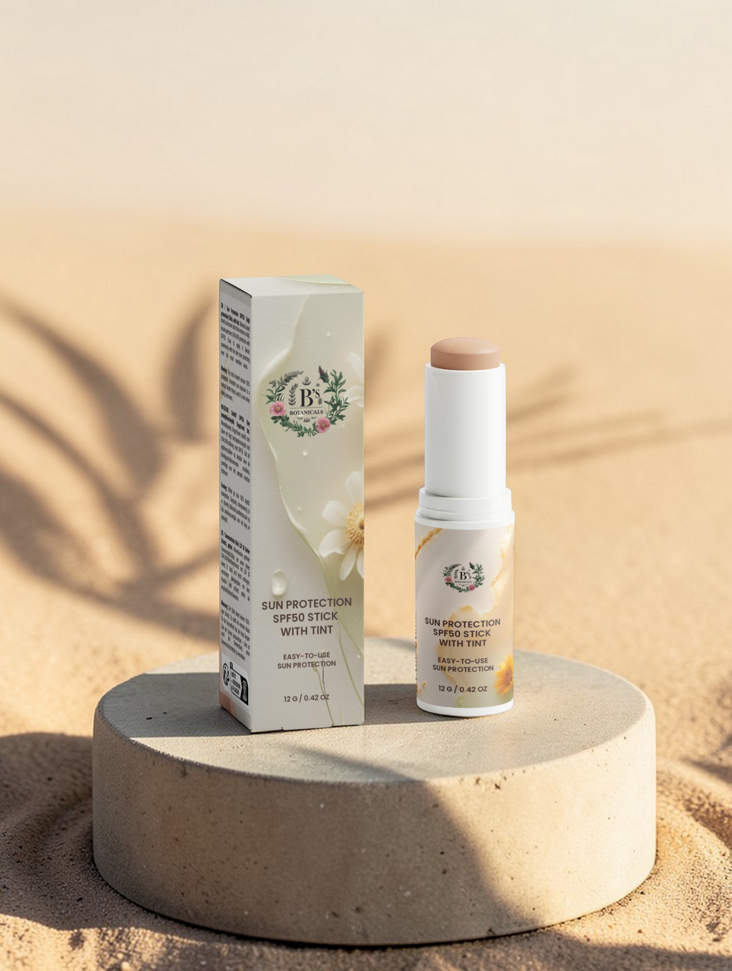 Sun protection stick with box on a beige background