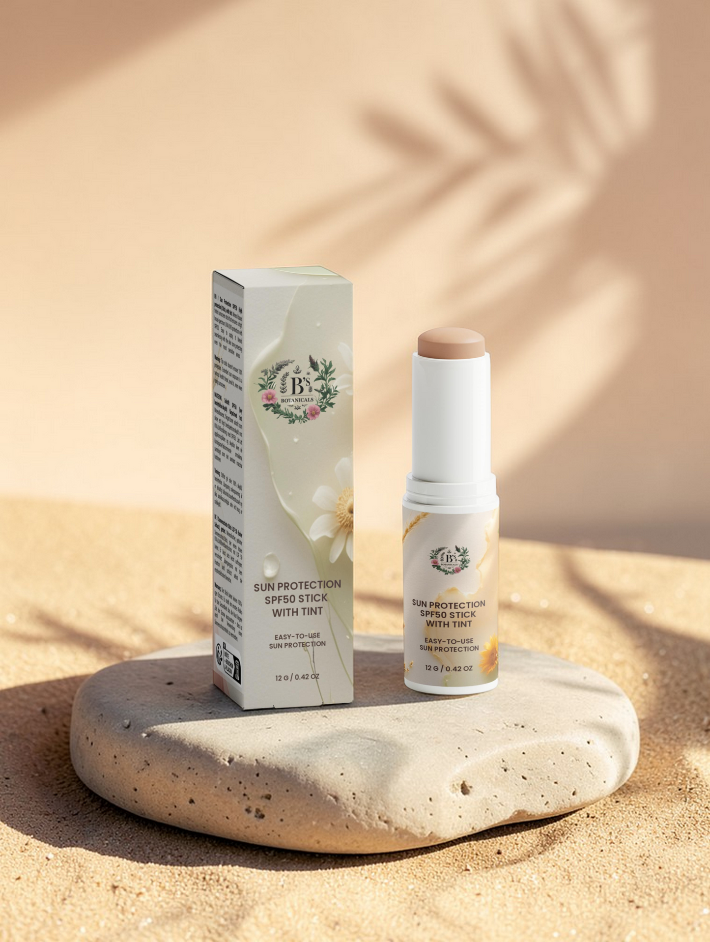 Sun protection stick with box on a stone surface with a neutral background