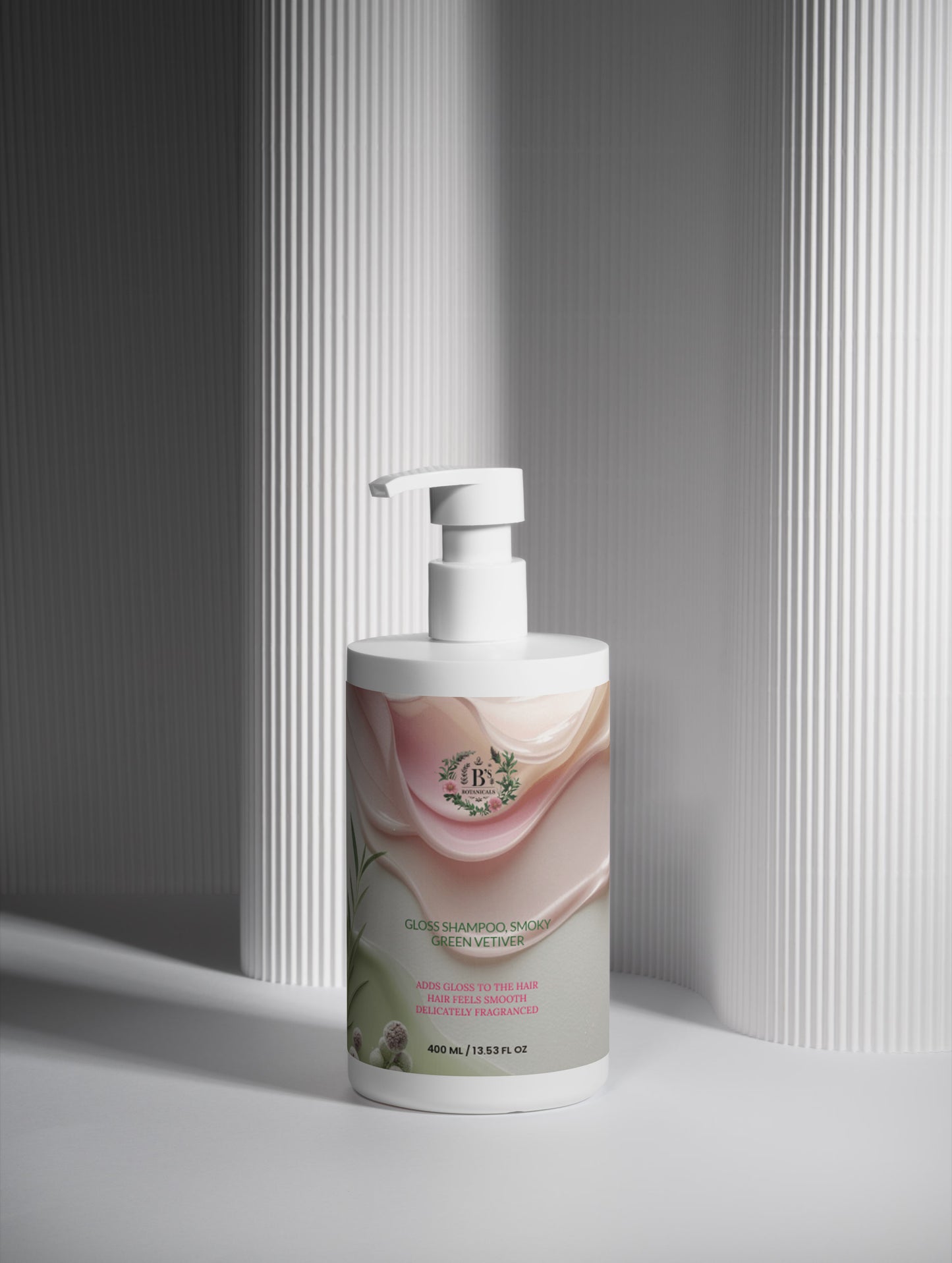 Vegan gloss shampoo for shiny hair by B’s Botanicals, botanical formula designed to restore dull hair and enhance natural shine and softness