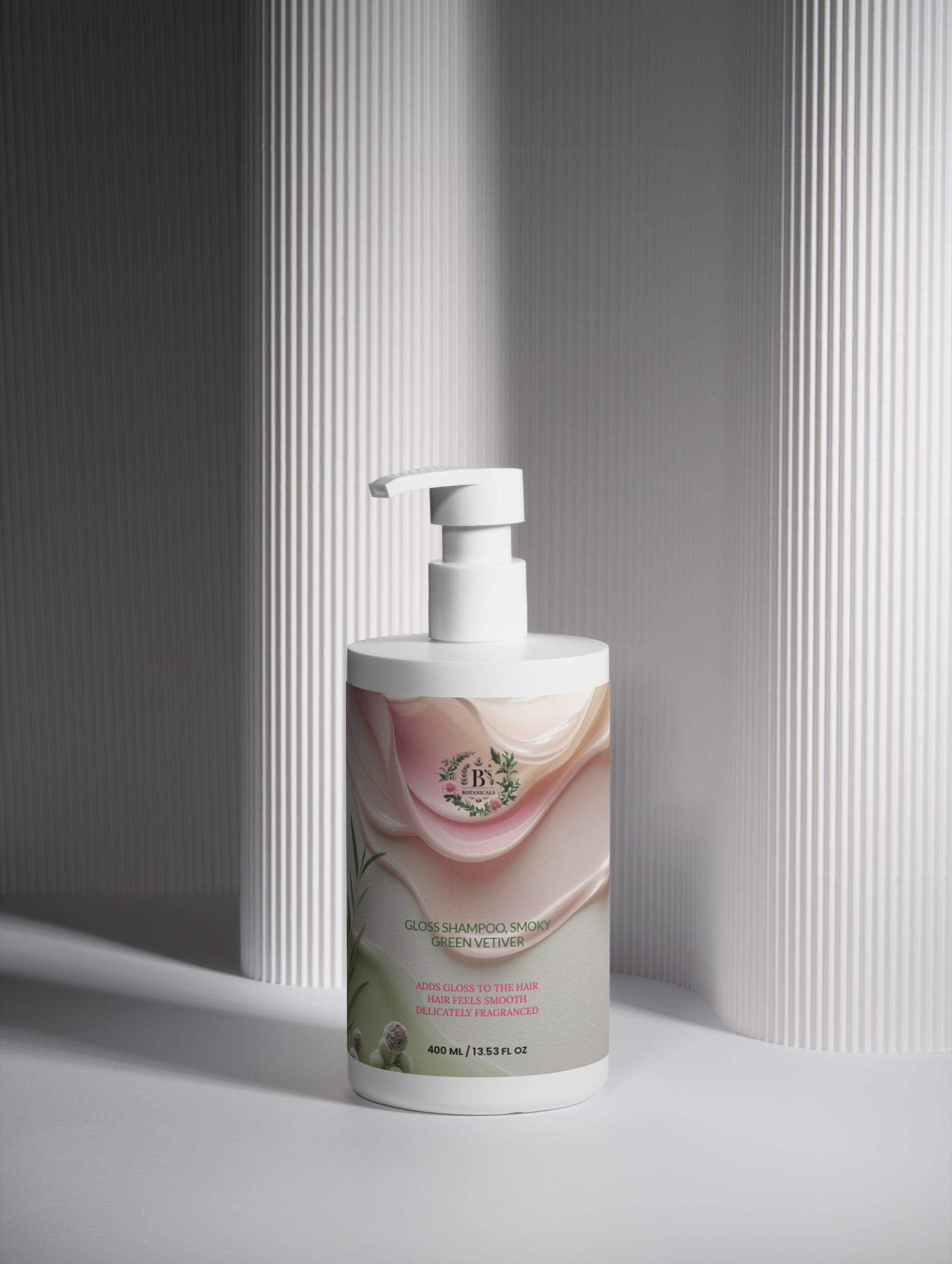 Vegan gloss shampoo for shiny hair by B’s Botanicals, botanical formula designed to restore dull hair and enhance natural shine and softness