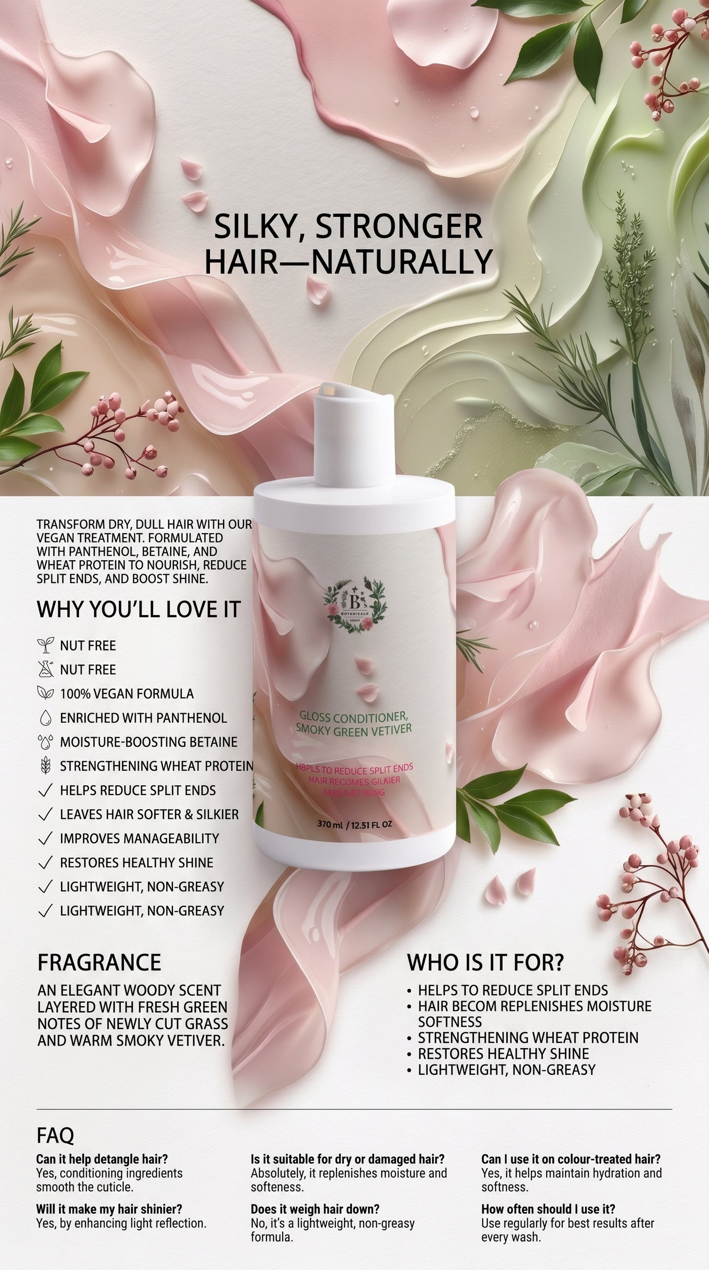 Vegan hair mask for dry and damaged hair that adds softness, volume and healthy-looking shine.