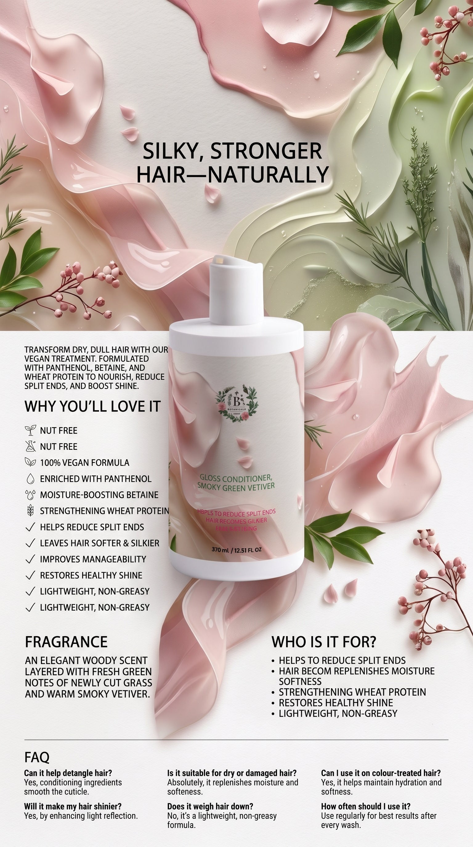 Vegan hair mask for dry and damaged hair that adds softness, volume and healthy-looking shine.