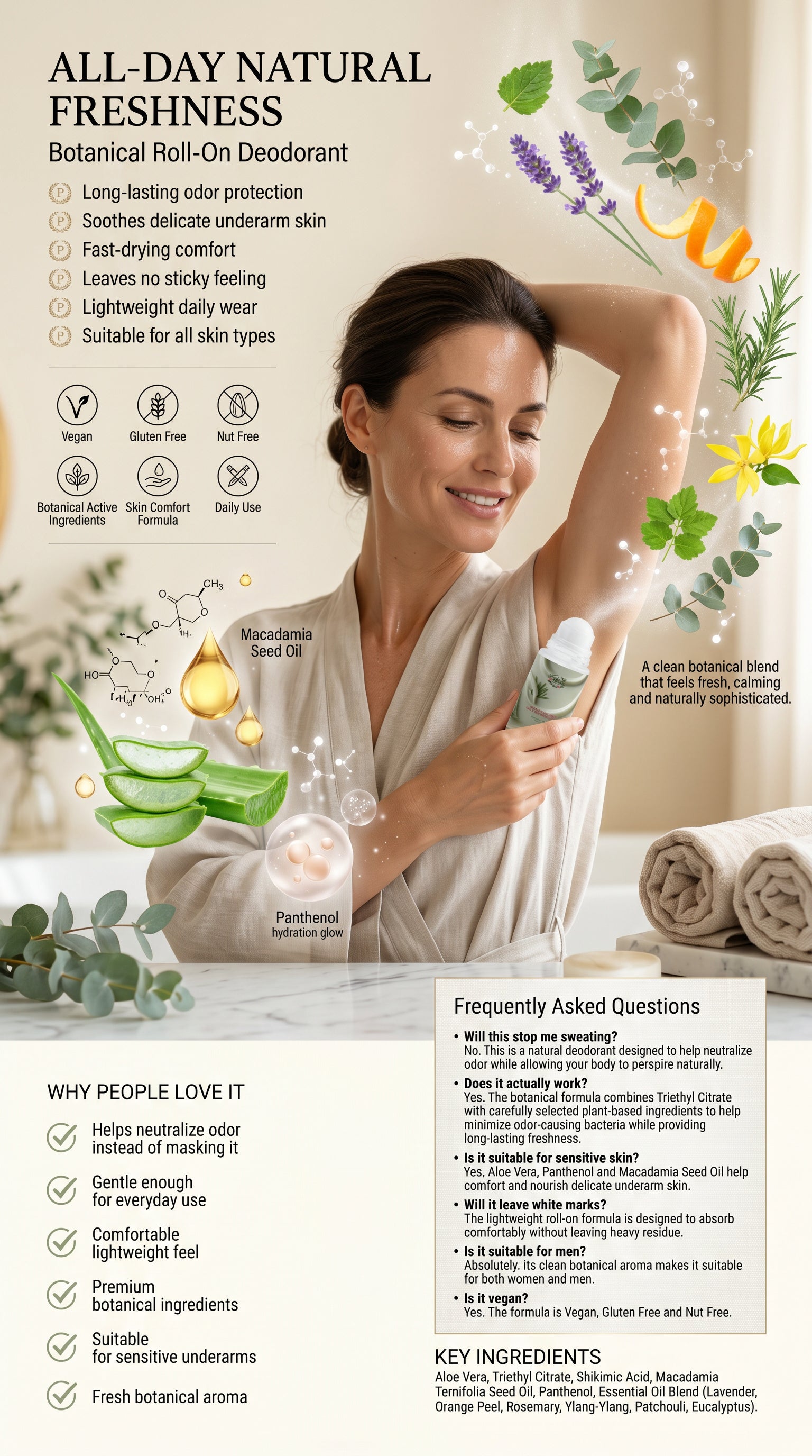 Woman applying a vegan roll-on deodorant with long-lasting odor protection, featuring botanical ingredients and a lightweight daily formula.