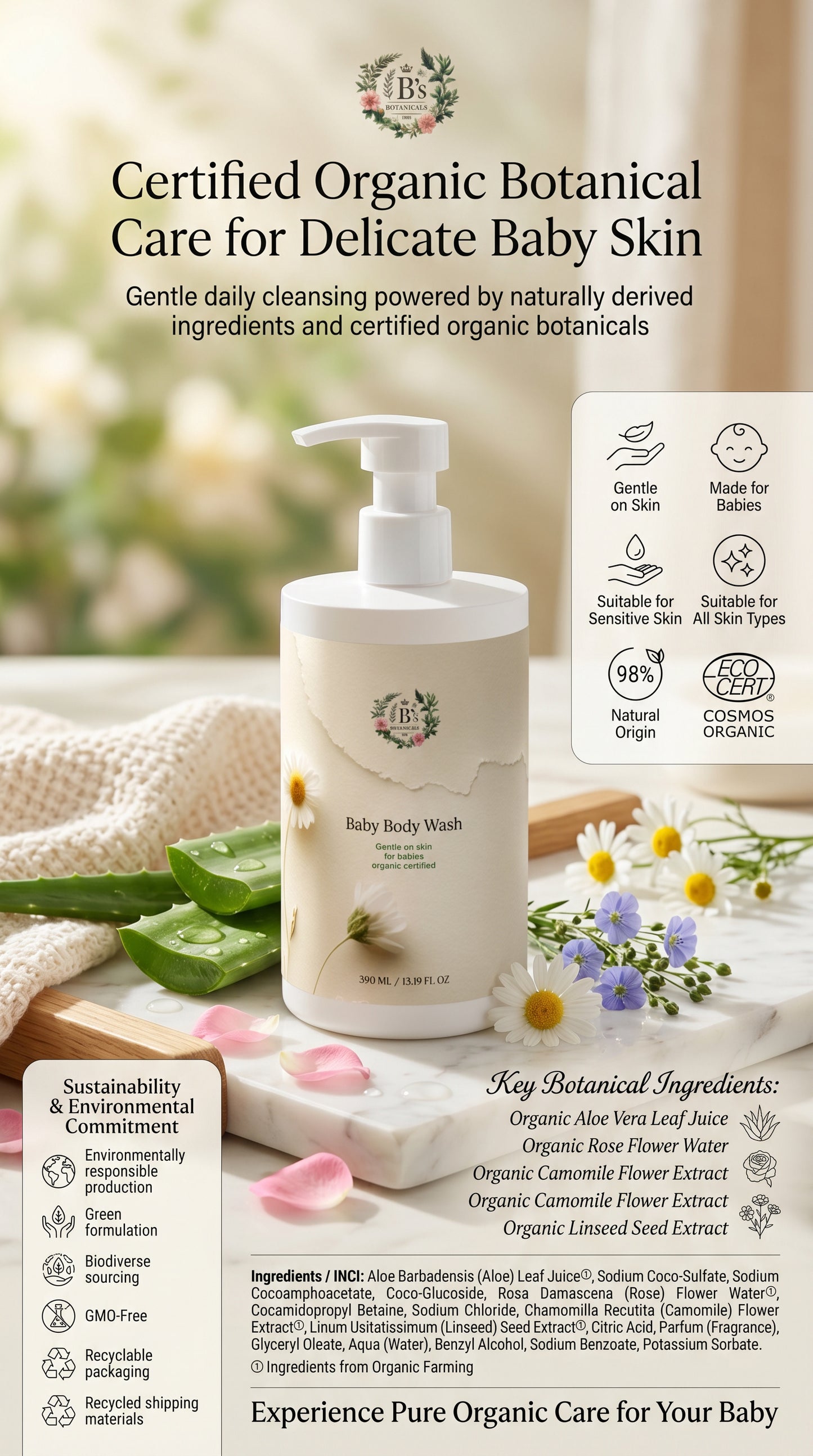 Organic Baby Body Wash FAQ highlighting ECOCERT COSMOS Organic certification, natural ingredients, suitability for sensitive baby skin, and sustainable packaging.